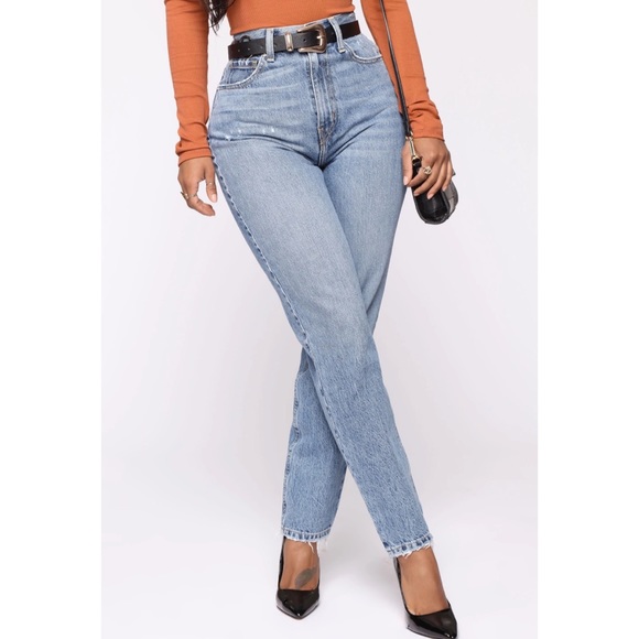 Fashion Nova Denim - fashionnova- high waisted mid wash lightly distressed denim mom jeans